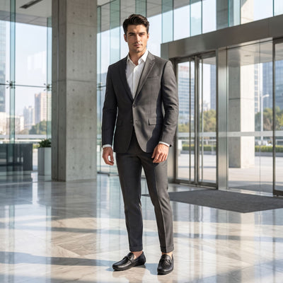 Full-length view of a man wearing a grey suit with black leather FORCIANO HERITAGE Elevator Loafers in a modern glass-walled office lobby.