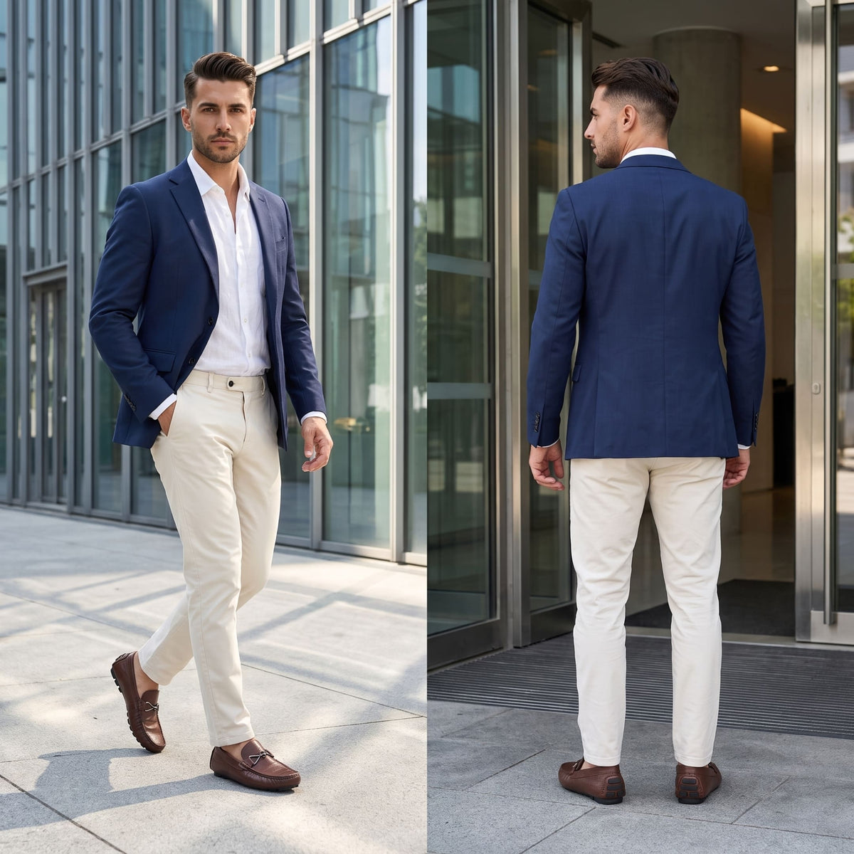 Business lifestyle collage featuring a man in a blue blazer and light trousers wearing brown leather FORCIANO HERITAGE Elevator Loafers outside a modern building.