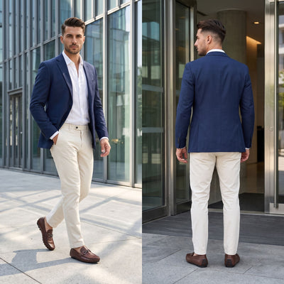 Business lifestyle collage featuring a man in a blue blazer and light trousers wearing brown leather FORCIANO HERITAGE Elevator Loafers outside a modern building.