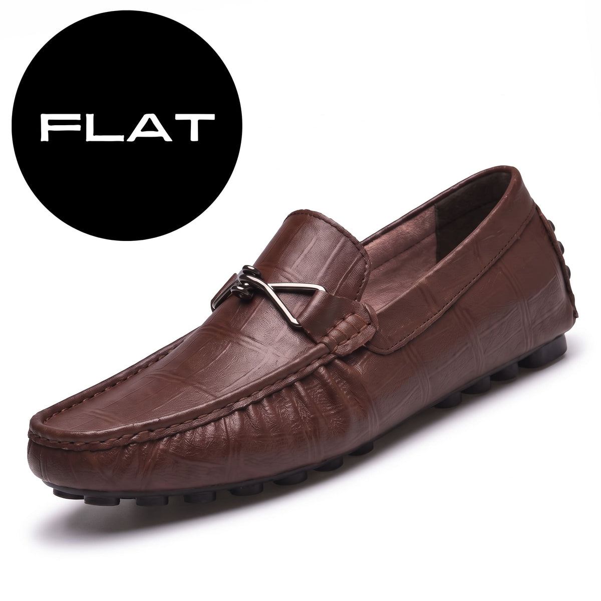 Brown leather FORCIANO HERITAGE Elevator Loafer featuring a FLAT option graphic, textured upper, stitched moccasin toe and black rubber studs.