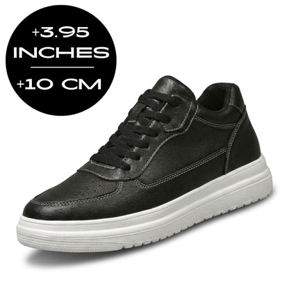 FORCIANO IMPACT black elevator sneakers with leather upper and white sole, showing 10 cm / 3.95 inches height increase.