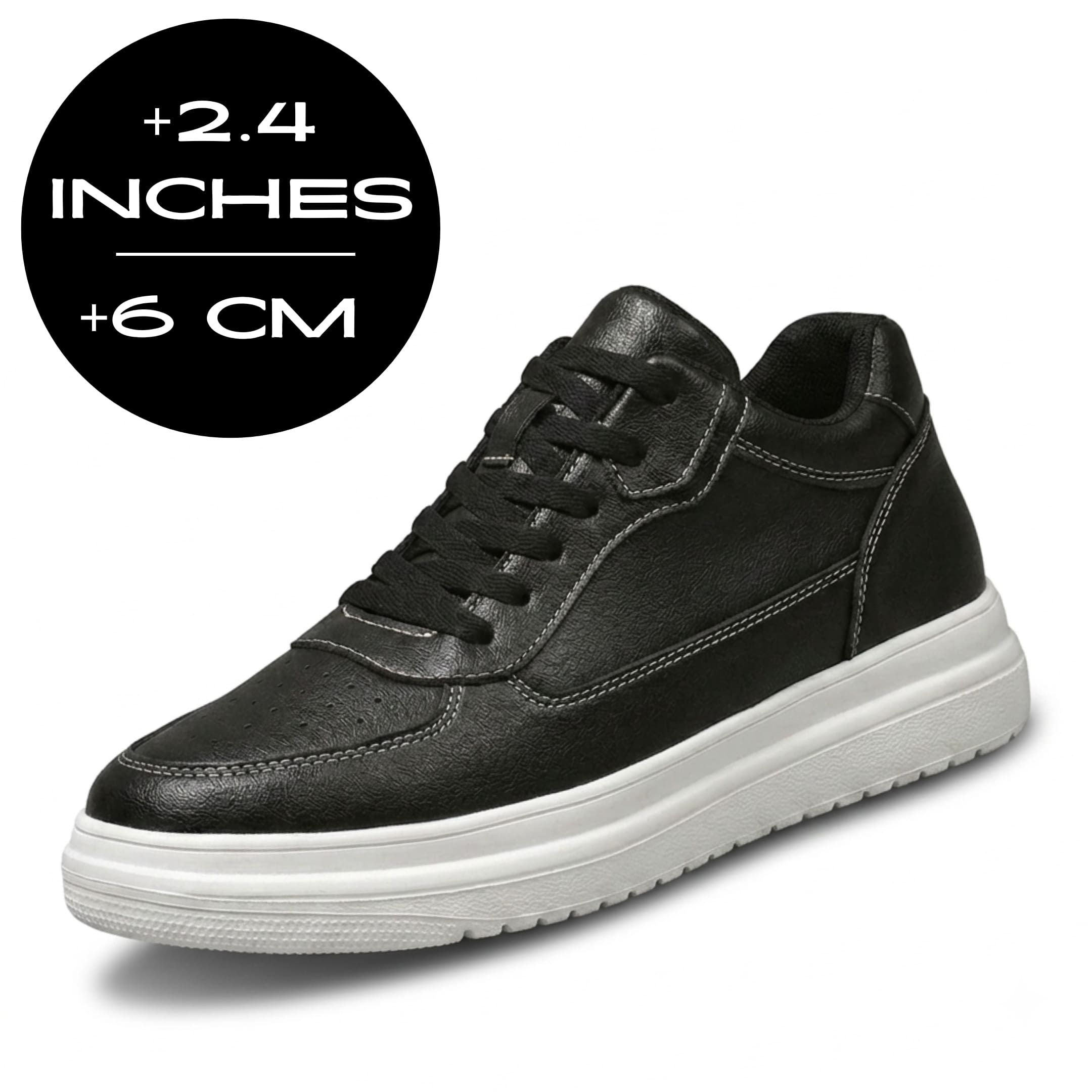 FORCIANO IMPACT black leather-upper sneakers with white sole in front-angle view showing 6 cm / 2.4 inches height increase.