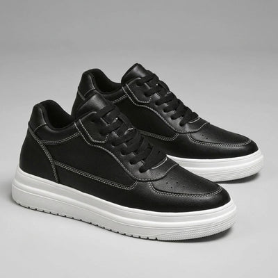 FORCIANO IMPACT black leather-upper sneakers with white soles shown as a pair in front three-quarter view.