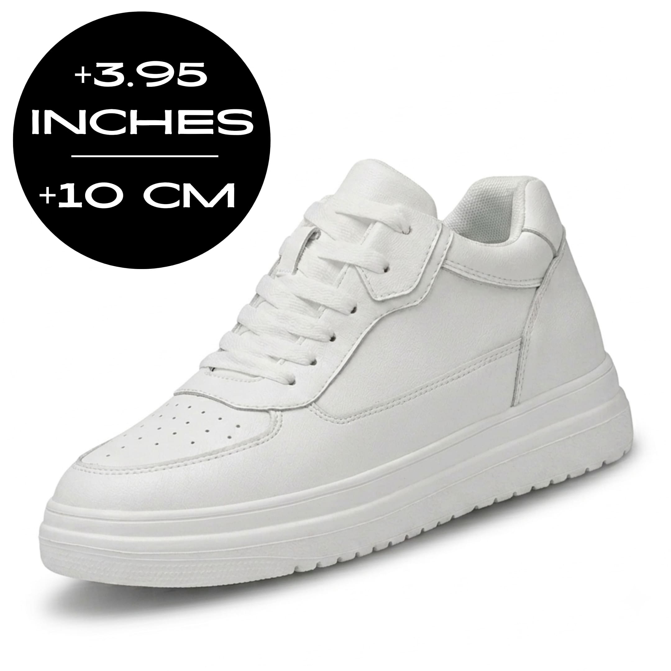 FORCIANO IMPACT white elevator sneakers with leather upper in front-angle view showing 10 cm / 3.95 inches height increase.