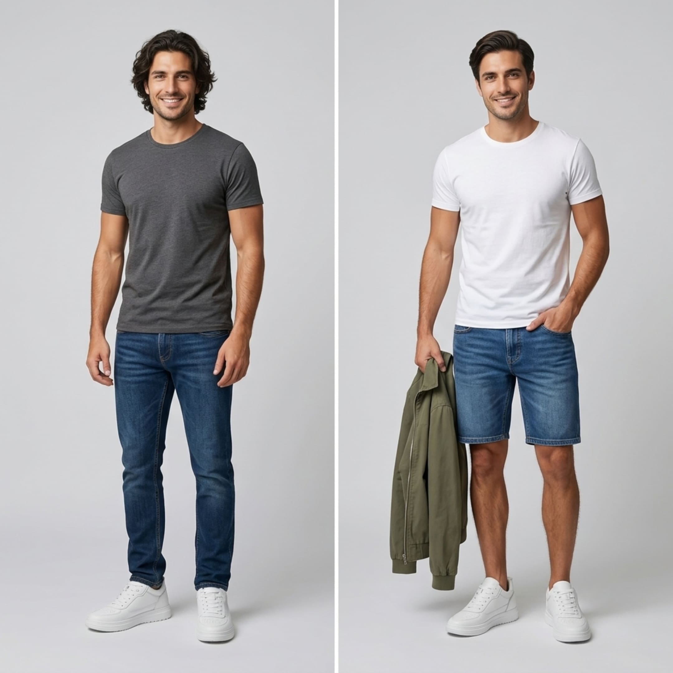 FORCIANO IMPACT white leather-upper sneakers shown on male models in two casual outfit lifestyle views.