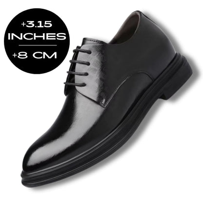FORCIANO IMPERIAL black premium leather elevator dress shoes shown at a front three-quarter angle with an 8 cm / 3.15" height graphic.