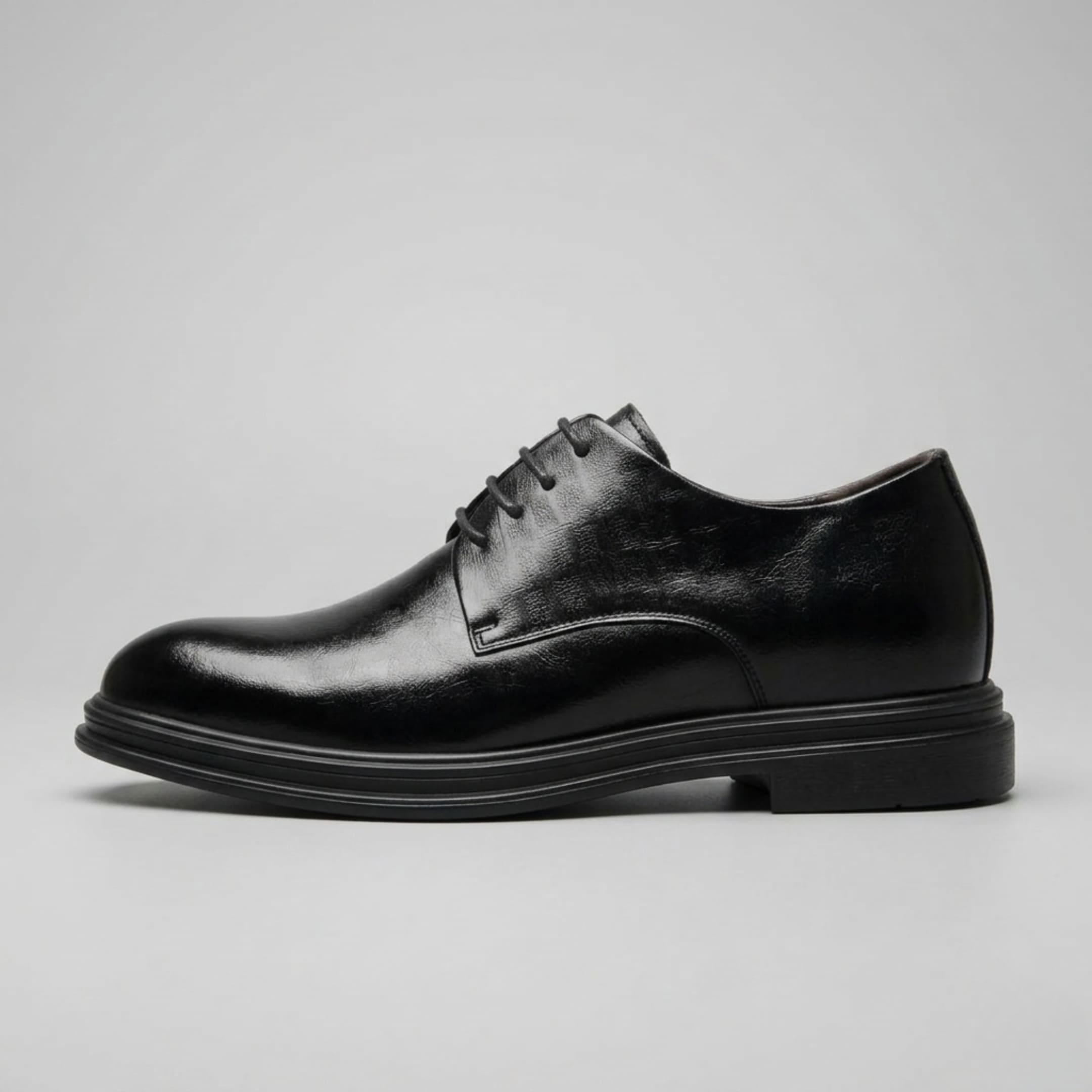FORCIANO IMPERIAL black premium leather dress shoe shown from the side with matching black laces and sole.