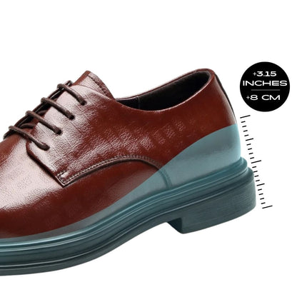 FORCIANO IMPERIAL brown premium leather shoes that add height, with an 8 cm / 3.15" graphic highlighting the discreet height increase.