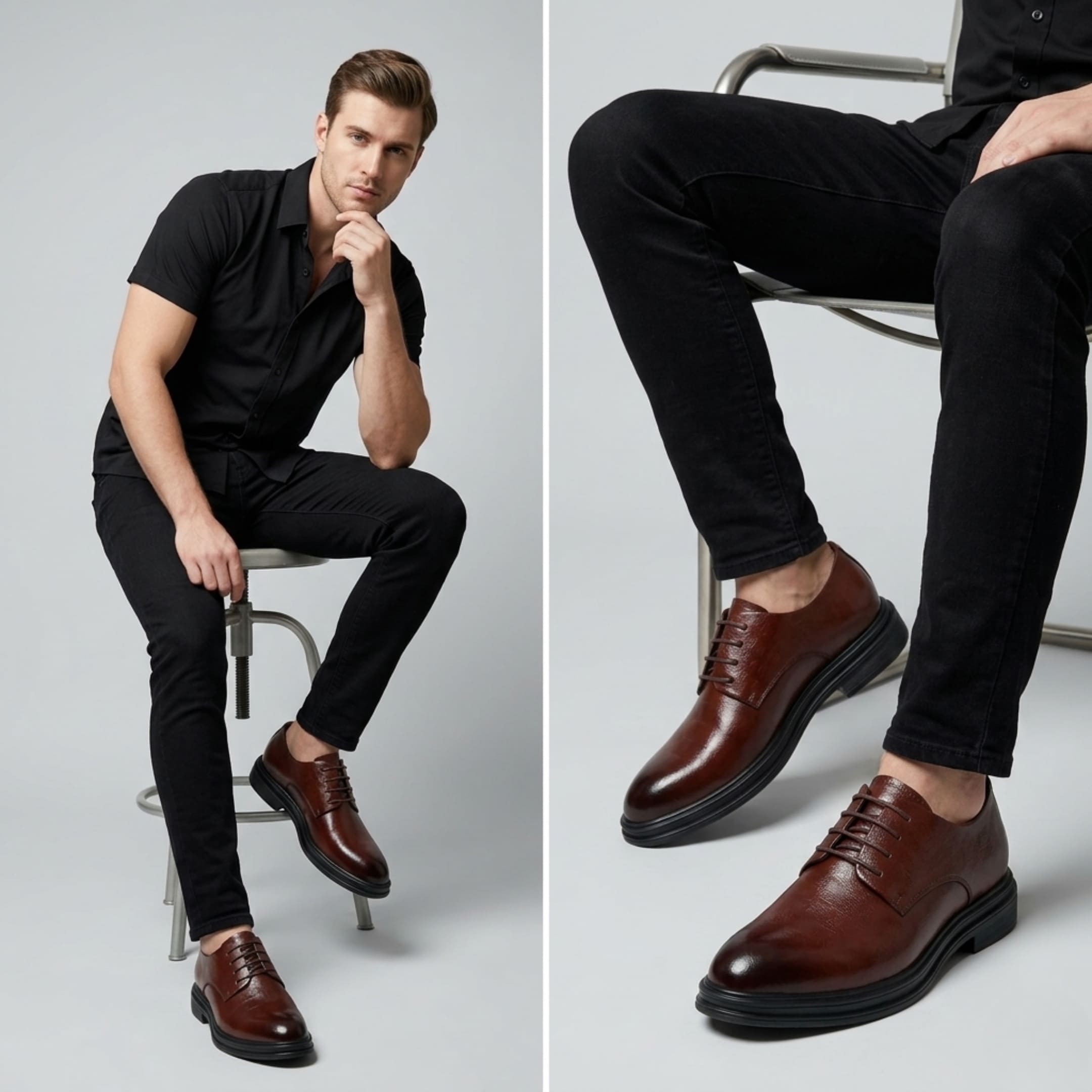 FORCIANO IMPERIAL brown premium leather dress shoes worn by a seated male model in a two-view casual lifestyle composition.