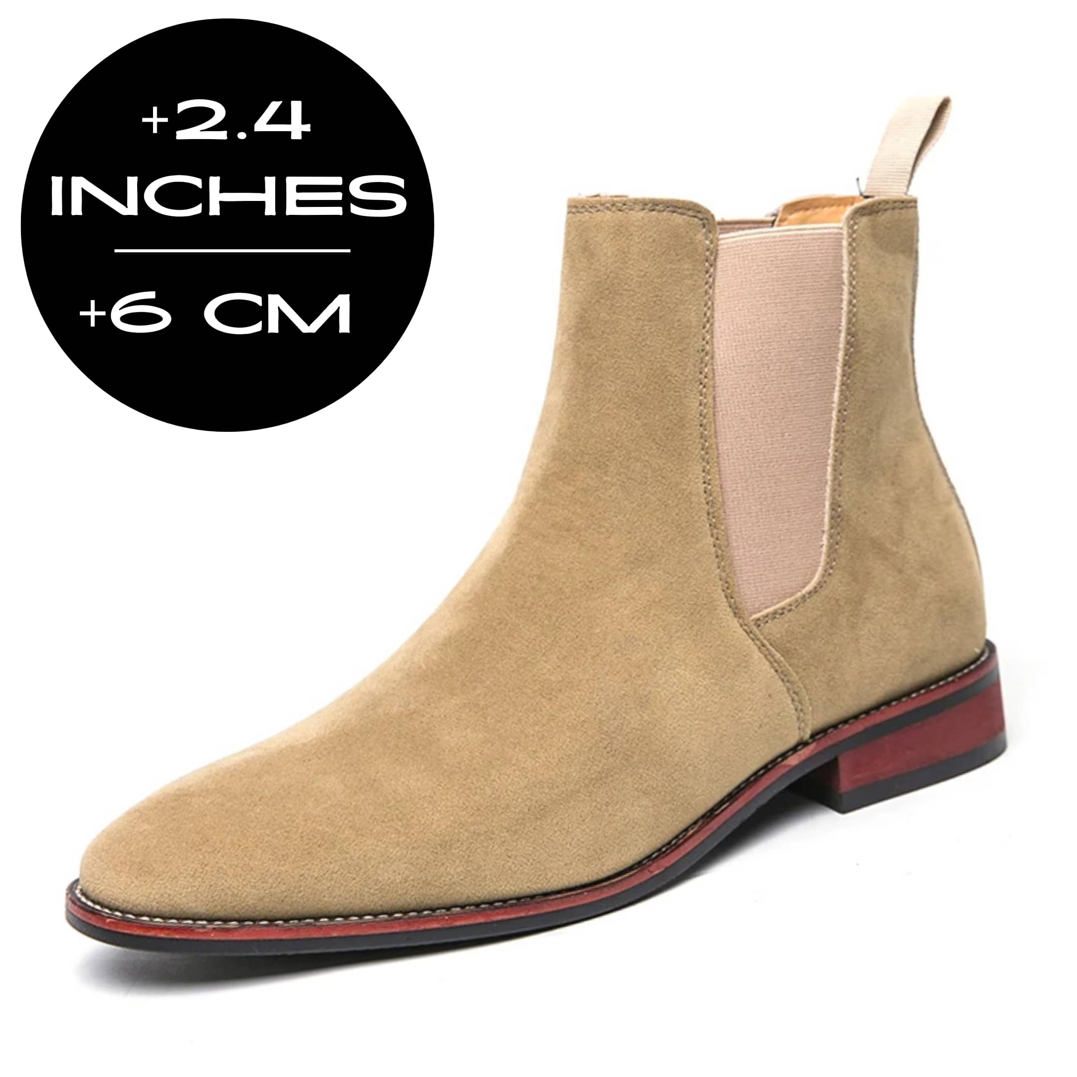 FORCIANO IVORY beige suede elevator boots with up to 6 cm / 2.4" height increase shown at an angled view.