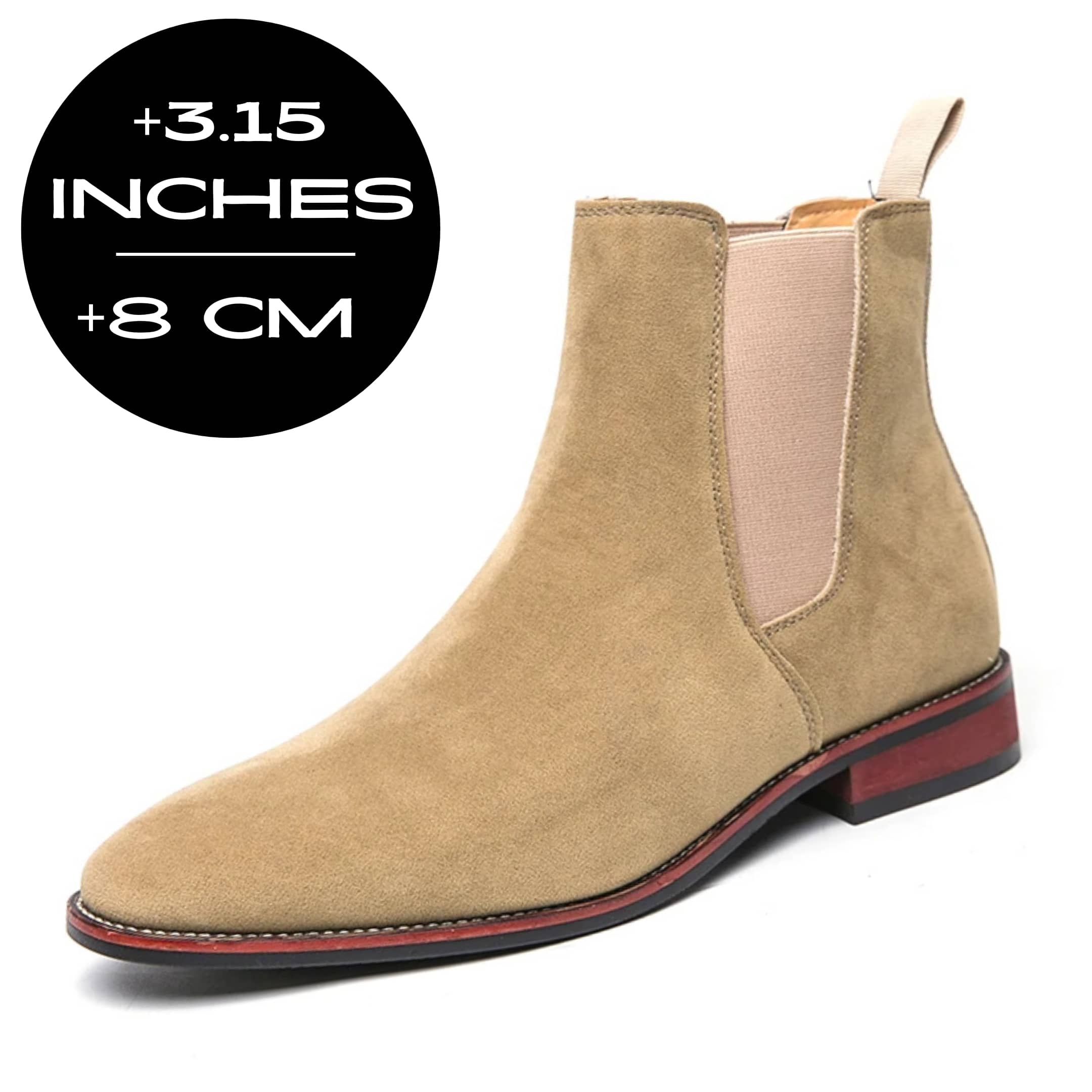 FORCIANO IVORY beige suede elevator boots with up to 8 cm / 3.15" height increase shown at an angled view.
