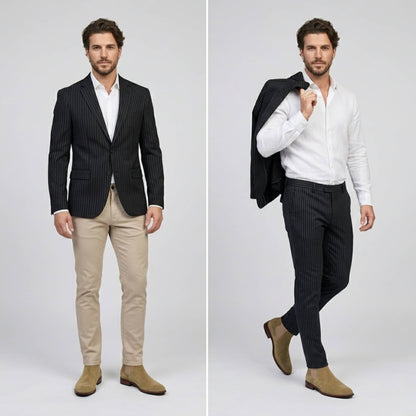 FORCIANO IVORY beige suede elevator boots worn with smart trousers in two formal lifestyle views.