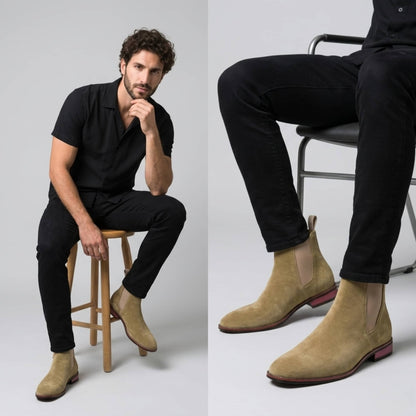 FORCIANO IVORY beige suede elevator boots worn with black trousers in a seated lifestyle view.