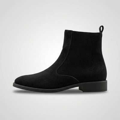 FORCIANO IVORY black suede elevator boots shown in a clean side profile with ankle-height silhouette.