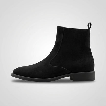 FORCIANO IVORY black suede elevator boots shown in a clean side profile with ankle-height silhouette.
