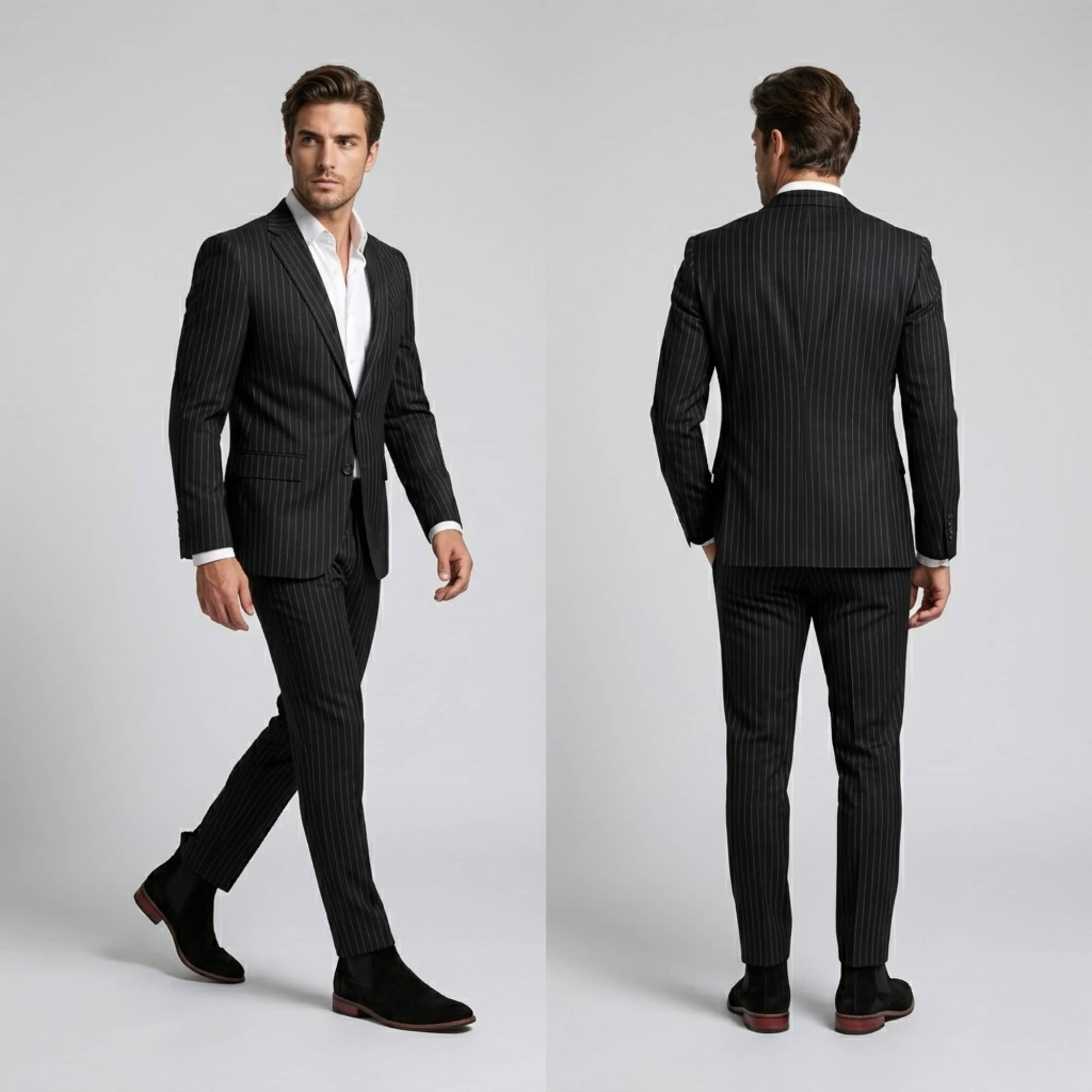 FORCIANO IVORY black suede height increasing boots worn with a dark pinstripe suit in front and rear lifestyle views.