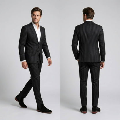 FORCIANO IVORY black suede height increasing boots worn with a dark pinstripe suit in front and rear lifestyle views.