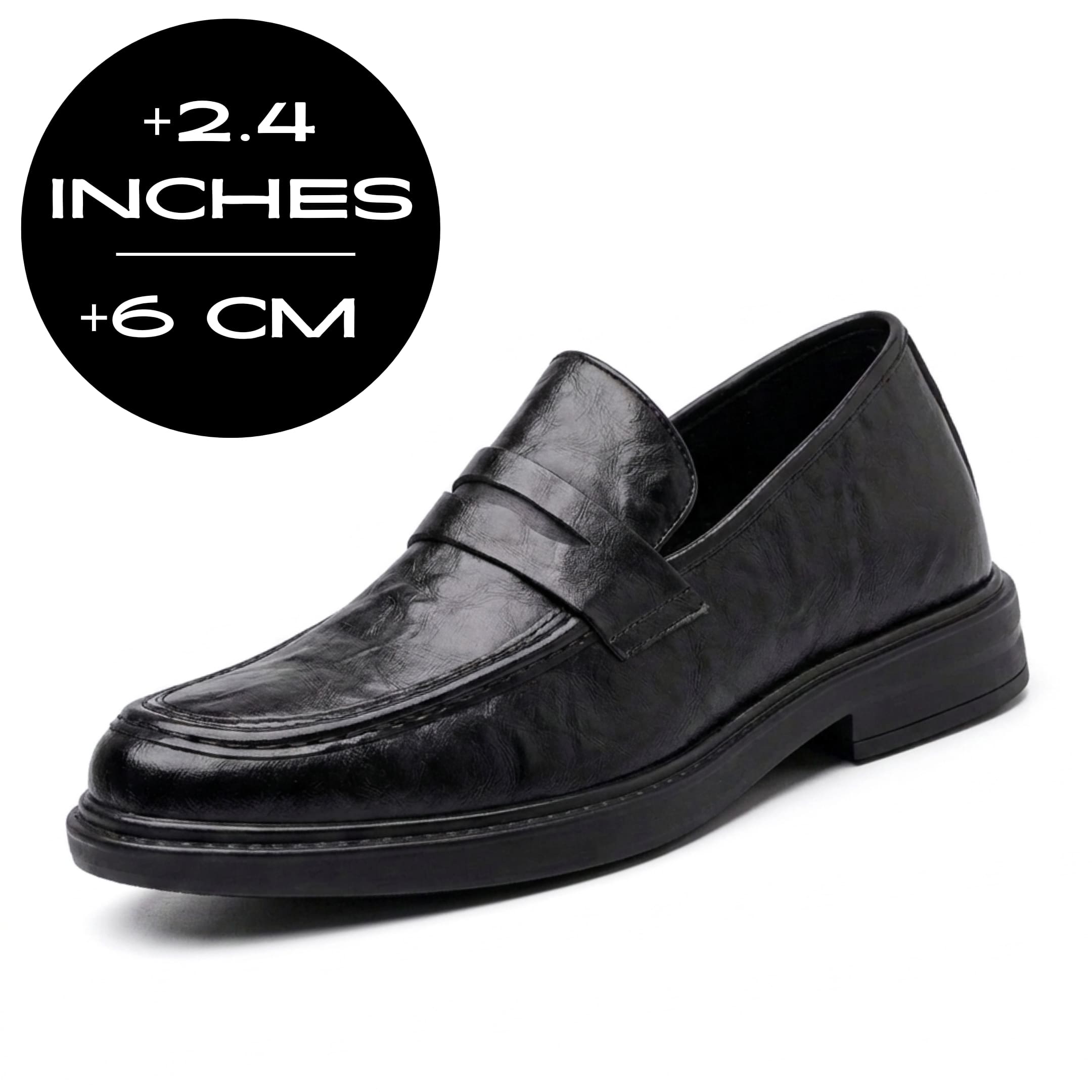 FORCIANO KINGSLEY black leather height increasing loafer shown from a front three-quarter angle with a 6 cm / 2.4" height increase graphic.