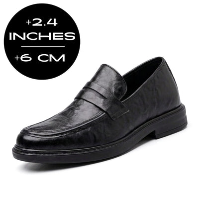 FORCIANO KINGSLEY black leather height increasing loafer shown from a front three-quarter angle with a 6 cm / 2.4" height increase graphic.