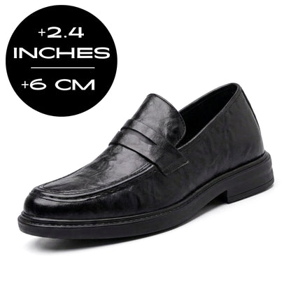FORCIANO KINGSLEY black leather height increasing loafer shown from a front three-quarter angle with a 6 cm / 2.4" height increase graphic.