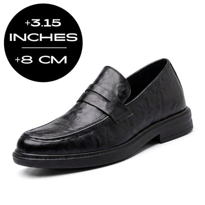 FORCIANO KINGSLEY black leather elevator loafers shown from a front three-quarter angle with an 8 cm / 3.15" height increase graphic.