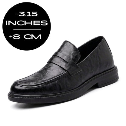 FORCIANO KINGSLEY black leather elevator loafers shown from a front three-quarter angle with an 8 cm / 3.15" height increase graphic.