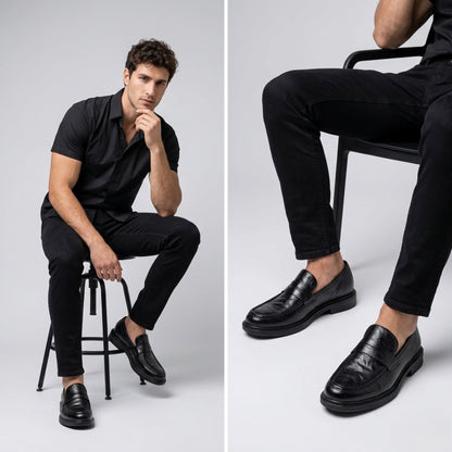 FORCIANO KINGSLEY black leather height increasing loafers worn by a male model with an all-black outfit in seated lifestyle views.