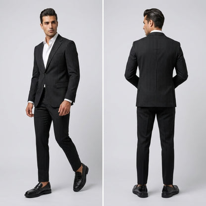 FORCIANO KINGSLEY black leather height increasing loafers styled with a black pinstripe suit in front and rear formal lifestyle views.