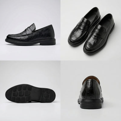 FORCIANO KINGSLEY black leather height increasing loafers shown in a four-view layout featuring the side profile, pair, outsole, and rear heel.