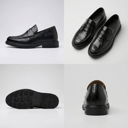 FORCIANO KINGSLEY black leather height increasing loafers shown in a four-view layout featuring the side profile, pair, outsole, and rear heel.
