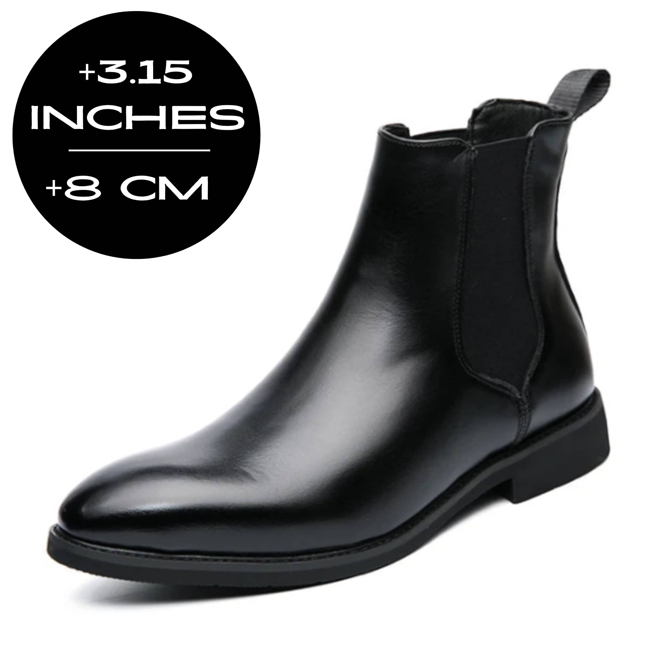 FORCIANO LUXOR black leather elevator boots with up to 8 cm / 3.15" height increase shown at an angled view.