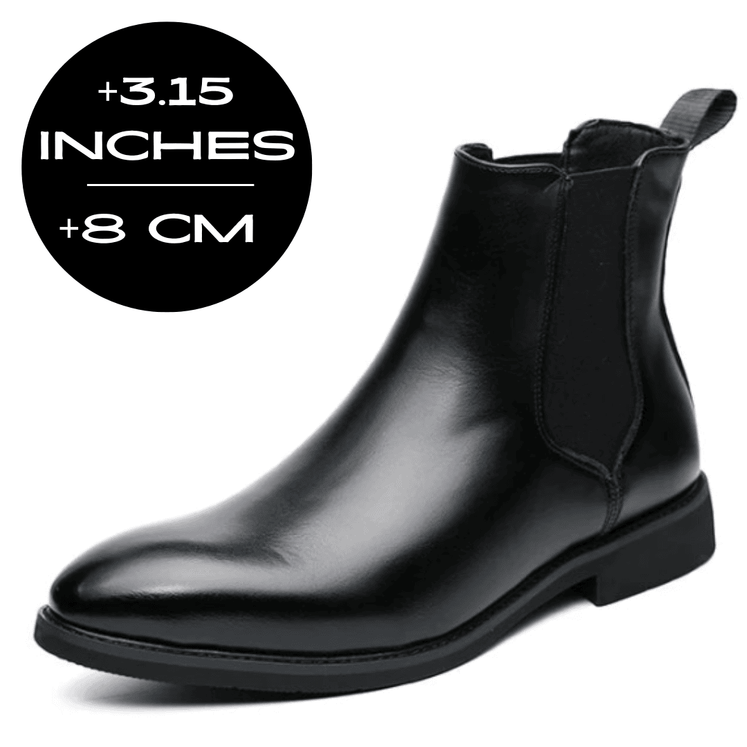 FORCIANO LUXOR black leather height increasing boots with up to 8 cm / 3.15" height increase shown at an angled view.