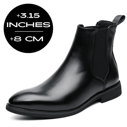 FORCIANO LUXOR black leather height increasing boots with up to 8 cm / 3.15" height increase shown at an angled view.