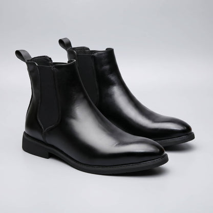 FORCIANO LUXOR black leather height increasing boots shown as a pair in an angled studio view.