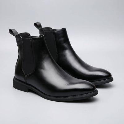 FORCIANO LUXOR black leather height increasing shoes shown as a pair in an angled studio view.