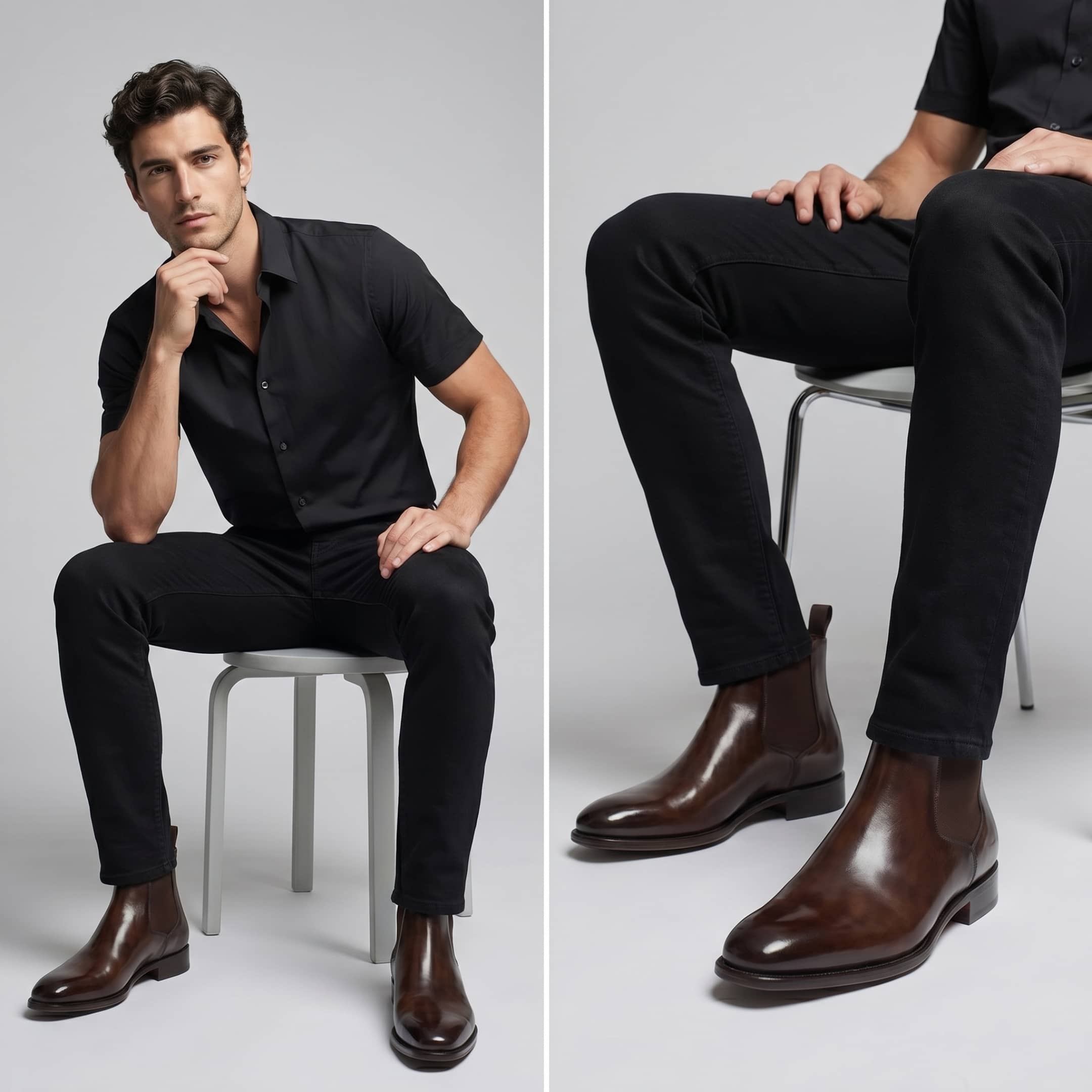 FORCIANO LUXOR brown leather elevator boots worn with black trousers in a seated lifestyle view.