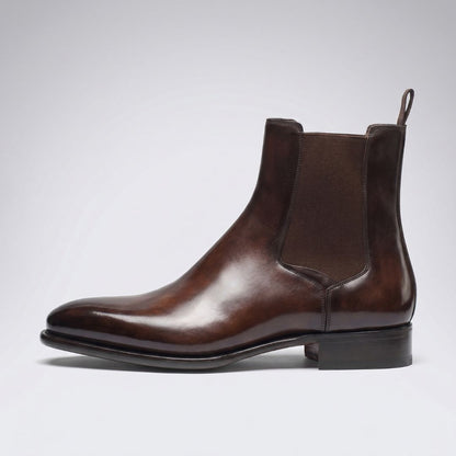 FORCIANO LUXOR brown elevator Chelsea boot shown from the side with elastic side panels and a pull tab.