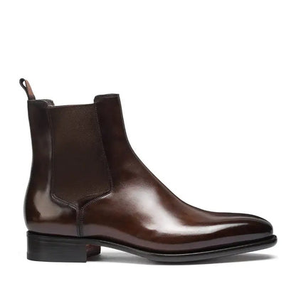 FORCIANO LUXOR brown leather height increasing Chelsea boots shown in a full side profile with elastic panel and heel.