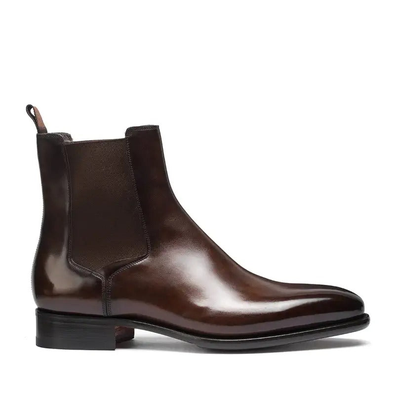 FORCIANO LUXOR brown leather height increasing Chelsea boots shown in a full side profile with elastic panel and heel.