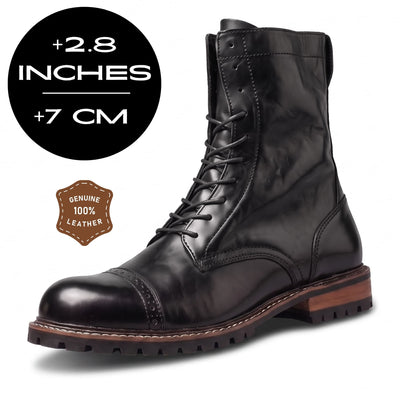 FORCIANO MARSHAL black height increasing boots with genuine leather upper and 7 cm / 2.8 inches height increase graphic.