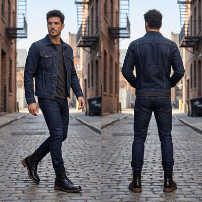 FORCIANO MARSHAL black height increasing boots with genuine leather uppers worn with dark denim in front and rear lifestyle views.