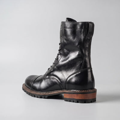 FORCIANO MARSHAL black height increasing boots with genuine leather upper shown from the rear three-quarter angle.