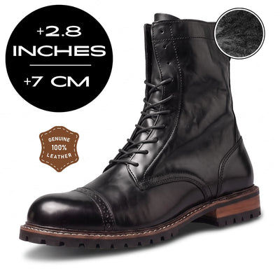 FORCIANO MARSHAL black velvet height increasing boots with genuine leather upper, 7 cm / 2.8 inches height graphic and lining detail inset.