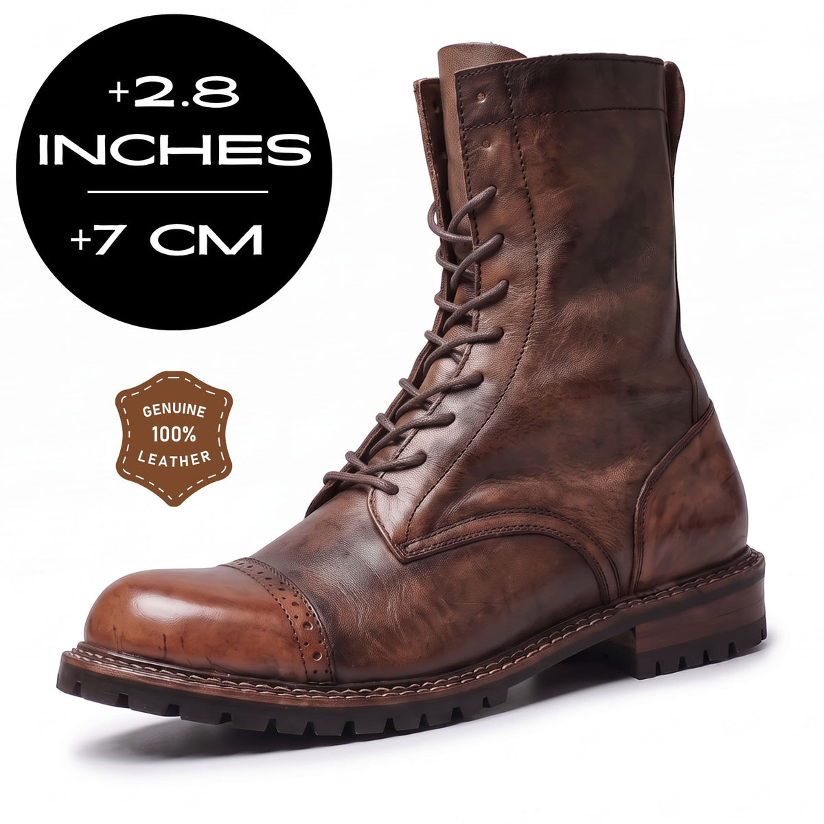 FORCIANO MARSHAL brown height increasing boots with genuine leather upper and visible 7 cm / 2.8 inches height graphic.