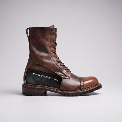 FORCIANO MARSHAL brown height increasing boots with genuine leather upper shown in side cutaway view with the internal lift visible.