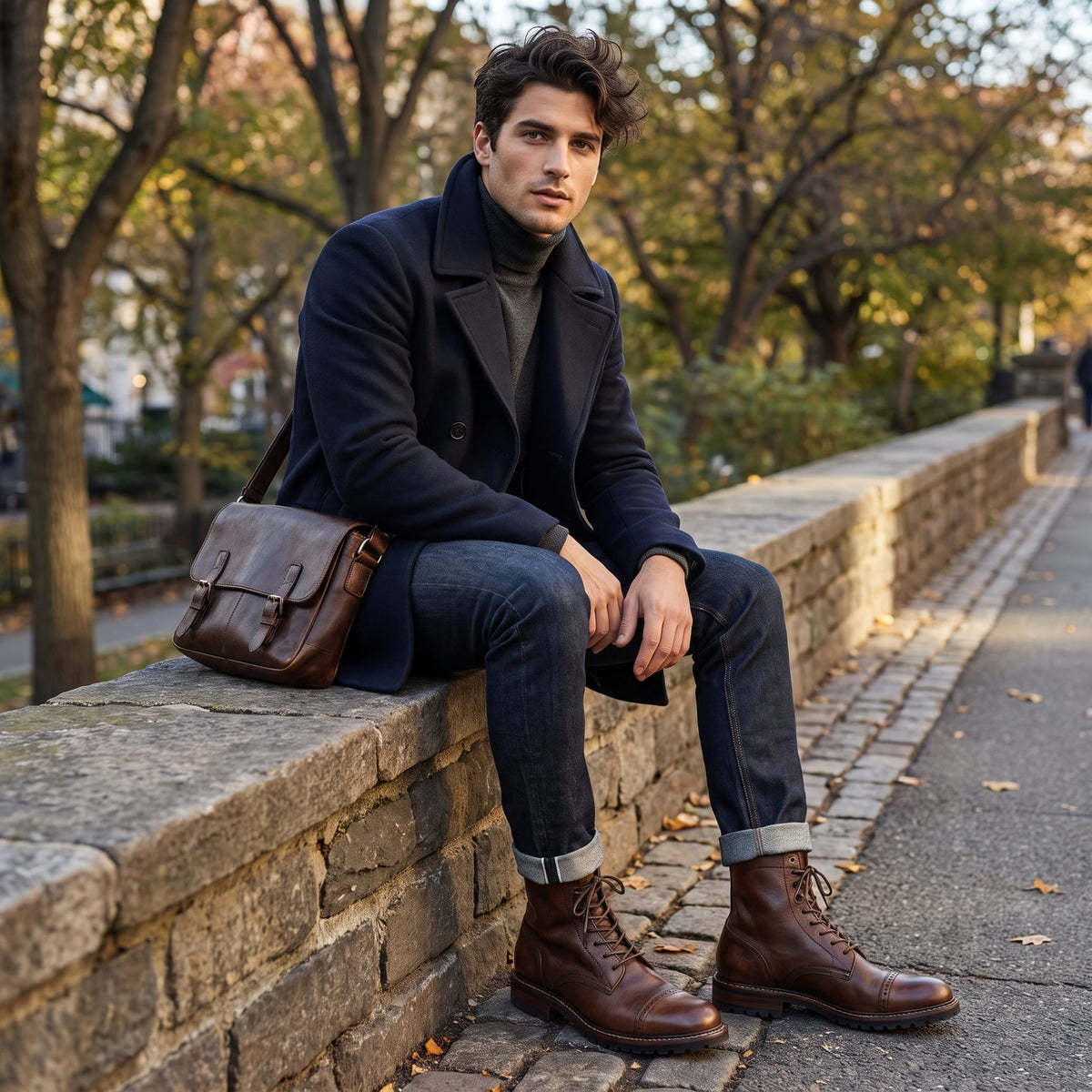 FORCIANO MARSHAL brown height increasing boots with genuine leather uppers worn by a seated model in an outdoor lifestyle setting.