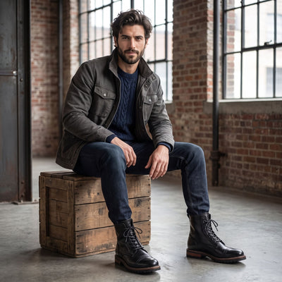 Man seated on a wooden crate wearing black FORCIANO MARSHAL Height Increasing Boots with a 2.8-inch / 7 cm height increase, paired with dark jeans and a grey jacket in an industrial-style interior.