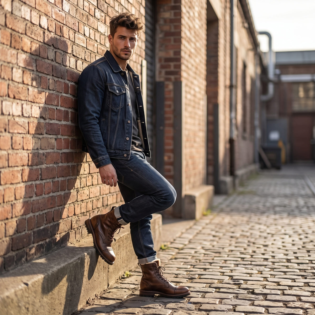 Man wearing brown FORCIANO MARSHAL Height Increasing Boots with a 2.8-inch / 7 cm height increase, styled with a denim jacket and jeans beside a brick wall.