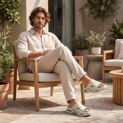 Man wearing beige FORCIANO MAVERICK Height Increasing Shoes in a seated outdoor lifestyle setting.