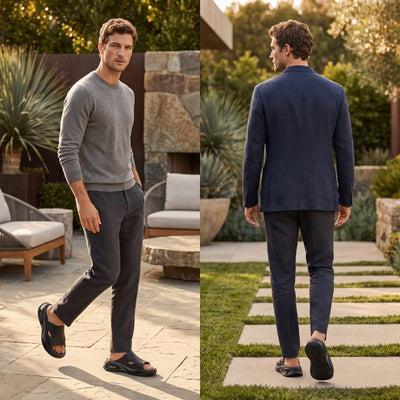 Man wearing black FORCIANO MAVERICK Height Increasing Shoes in two outdoor lifestyle views showing front and rear angles.